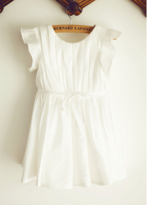 Flutter Sleeves Ivory Pleated Taffeta Flower Girl Dress